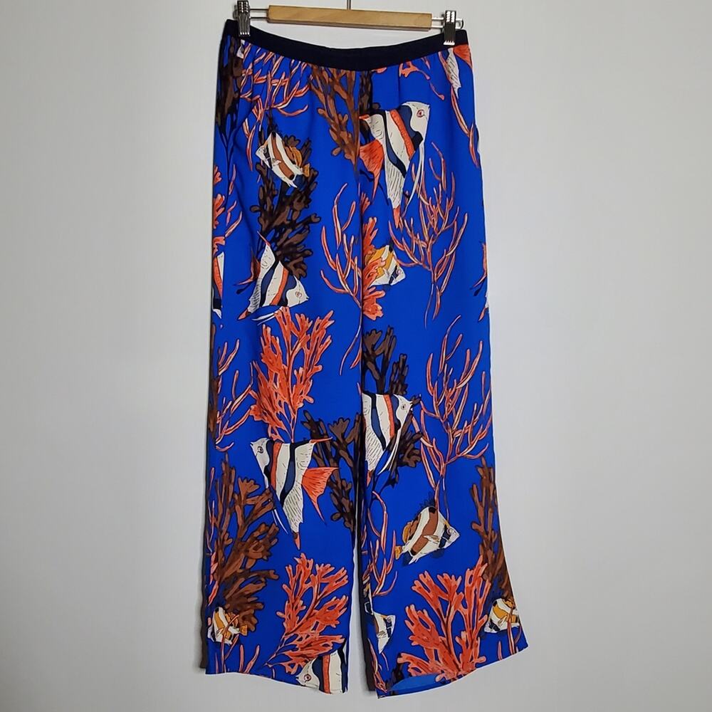 NIC+ZOE Blue Wide-Leg Pants with Orange Coral & Multi Fish Print